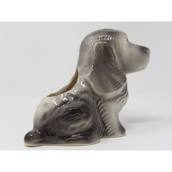 Vintage Ceramic Sitting, Gray Dog Puppy Planter. Unmarked. 5" H x 8" L x 4" W - Picture 4 of 6